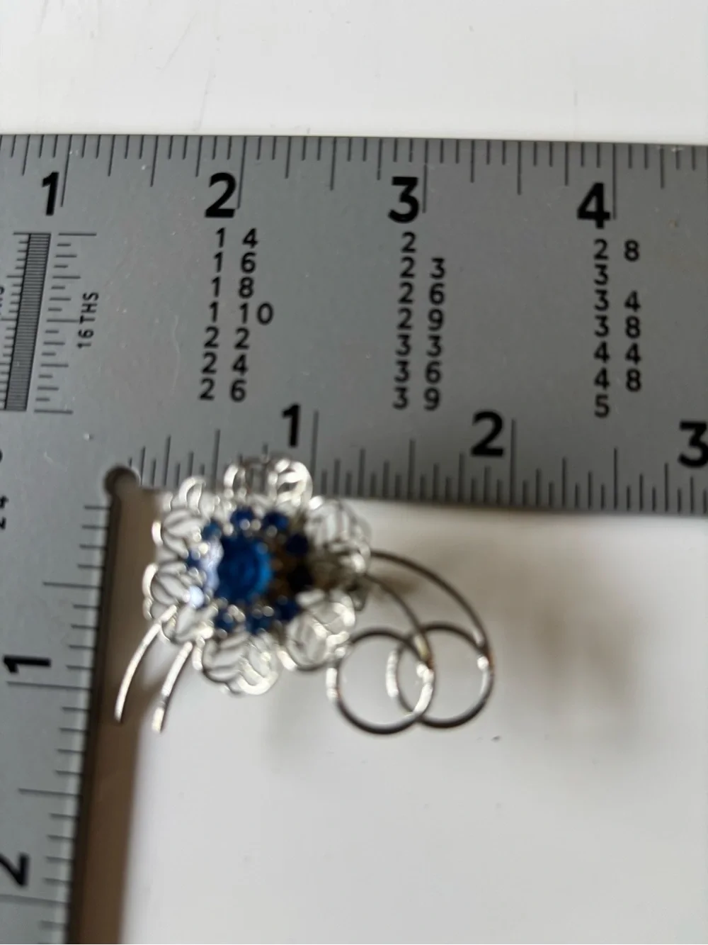 Blue Floral Filigree Brooch with Crystal Accents